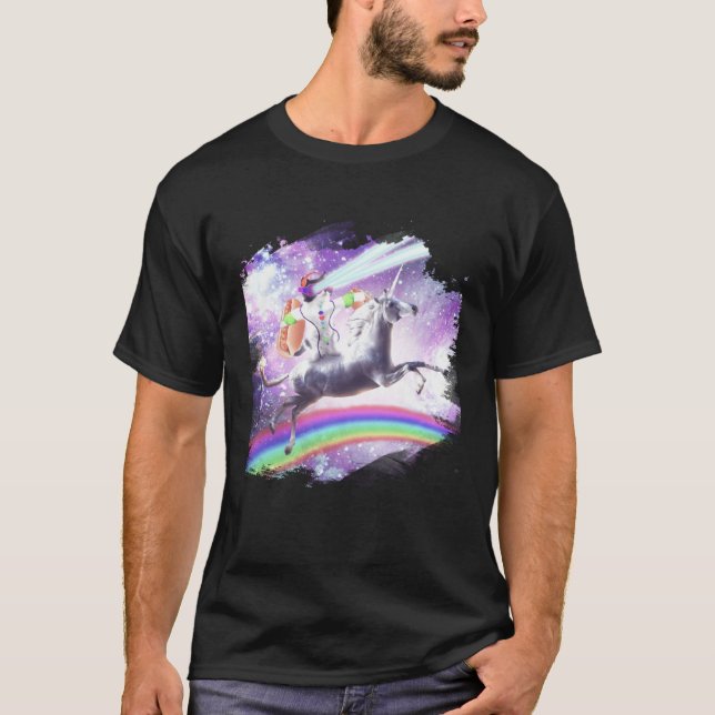 Lazer Rave Space Cat Riding Unicorn With Hotdog T-Shirt (Vorderseite)