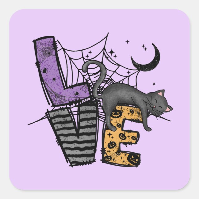 Lazy Black Cat im Spider Web mit Liebe Quadratischer Aufkleber (Vorderseite)
