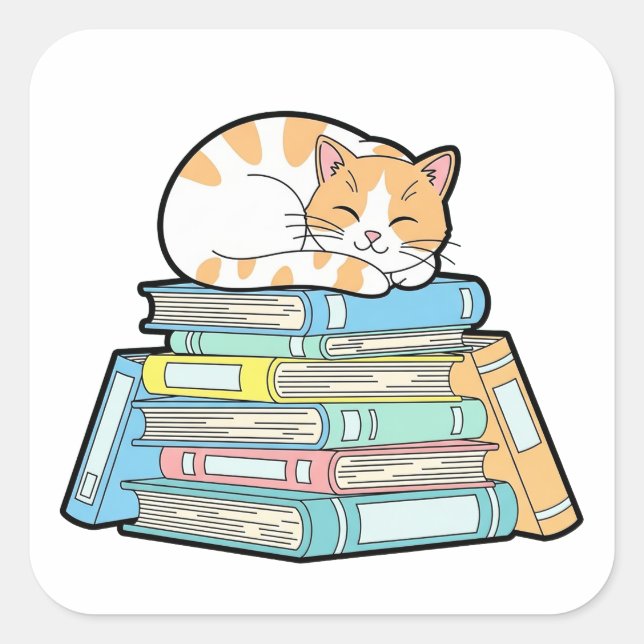 Lazy Cat on Books – Cute Cozy Illustration Quadratischer Aufkleber (Vorderseite)
