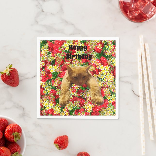 Lazy Cat on Rose, Birthday Paper Napkins Serviette (Beispiel)