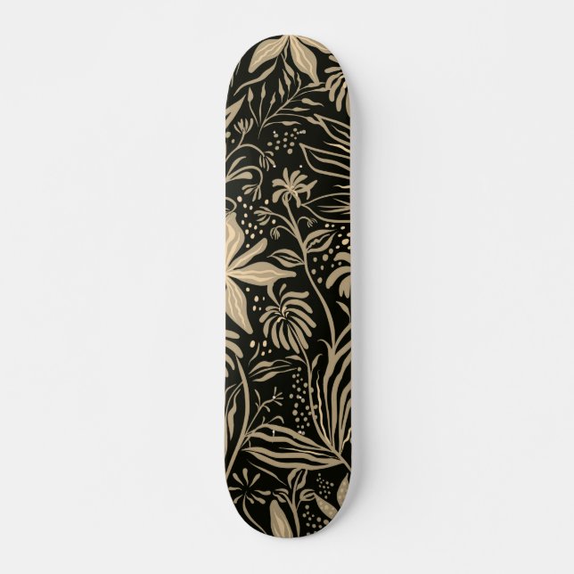 Lazy floral Muster in Gold auf schwarz  Skateboard (Vorne)