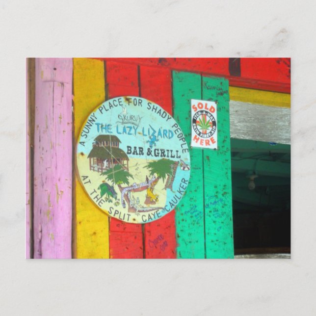 Lazy Lizard Sign auf Caye Caukler Belize Postcard Postkarte (Vorderseite)