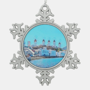 ldp MYKONOS - Blick vom Meer auf die Windmühlen - Schneeflocken Zinn-Ornament