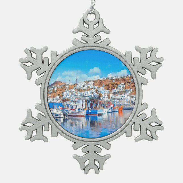 ldp MYKONOS - Fischerboote - Hafen - Panorama Schneeflocken Zinn-Ornament (Vorderseite)