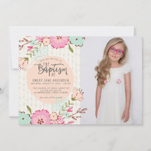 LDS BAPTISM FOTO INVITE Elegante Blumengürtel Einladung