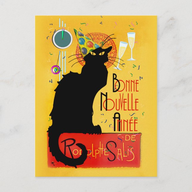 Le Chat Noir Happy New Year Party Postkarte (Vorderseite)