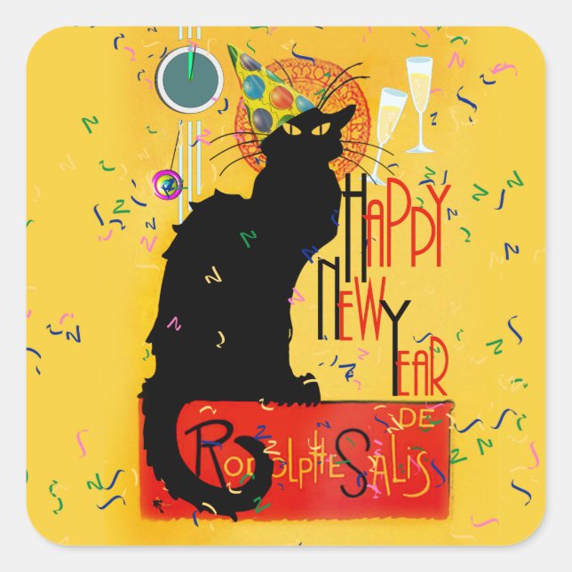 Le Chat Noir Happy New Year Quadratischer Aufkleber (Vorderseite)
