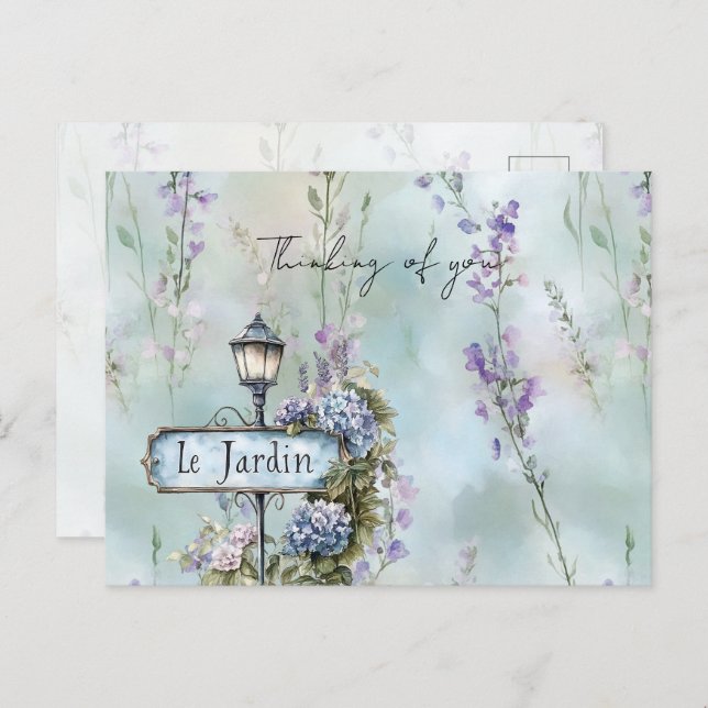 Le Jardin (der Garten) Hübsche violette Blumen Postkarte (Vorne/Hinten)