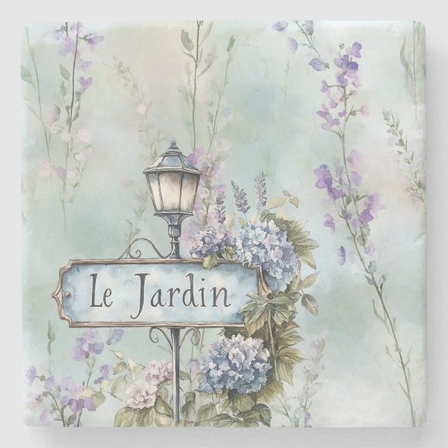 Le Jardin (der Garten) Hübsche violette Blumen Steinuntersetzer (Vorderseite)