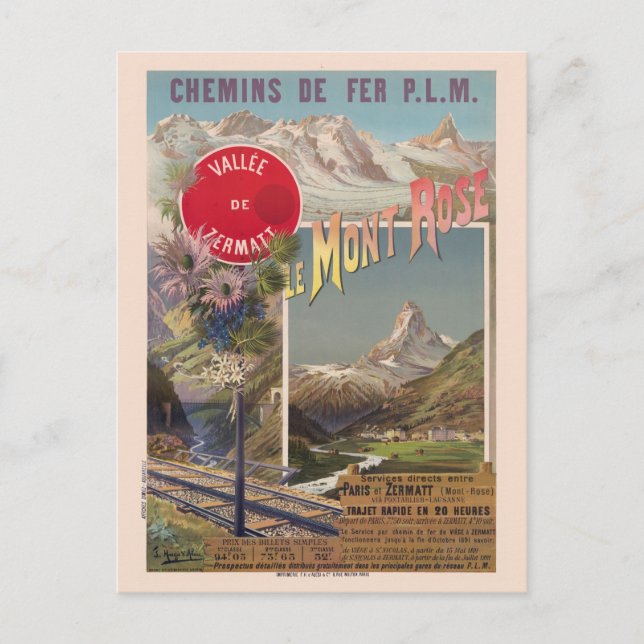 Le Mont Rose Switzerland Vintage Poster 1891 Postkarte (Vorderseite)