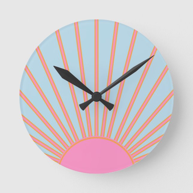 Le Soleil 02 Retro Sun Rosa und Blau Sunshine Runde Wanduhr (Vorderseite)