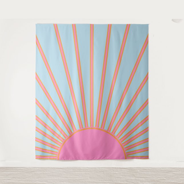 Le Soleil 02 Retro Sun Rosa und Blau Sunshine Wandteppich (Vorderseite)