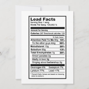 Lead Sängerin "Food Information Label" Karte
