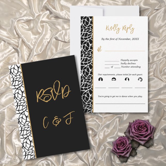 Leaf Border Black & White Wedding Menu Musik UAWG RSVP Karte (Leaf Border Black & White Wedding Menu Music RSVP )