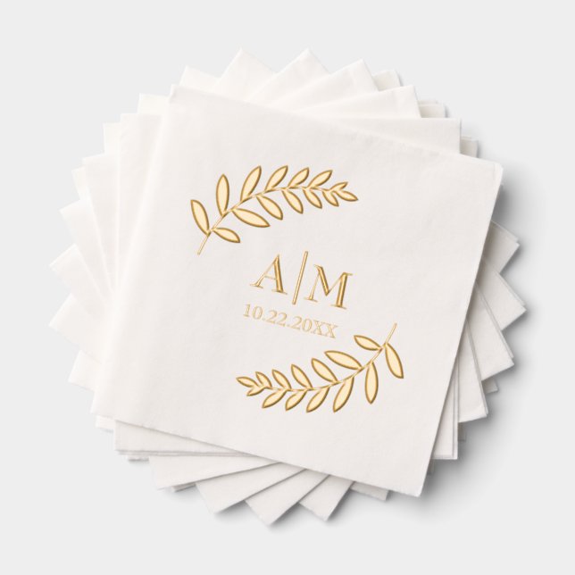 Leaf Botanical Modern Monogram & Date Wedding Servietten Mit Folie (Insitu (Gestapelt))