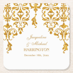 Leaf Damask Art Nouveau Glitzer Empfang Dekoration Rechteckiger Pappuntersetzer