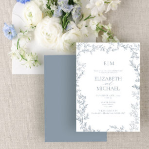 Leaf Dusty Blue Monogram Post Wedding Brunch Einladung