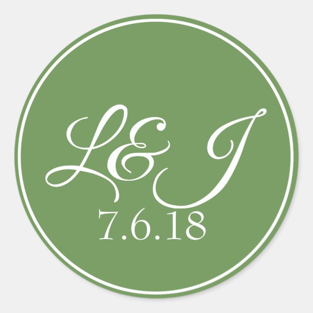 Leaf Green & White Couple's Initals & Wedding Date Runder Aufkleber (Vorderseite)