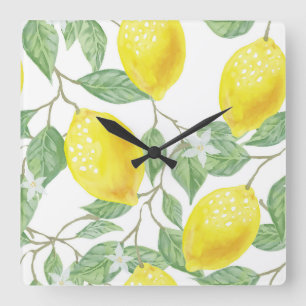 leaf-green-yellow-lemon-fruit quadratische wanduhr