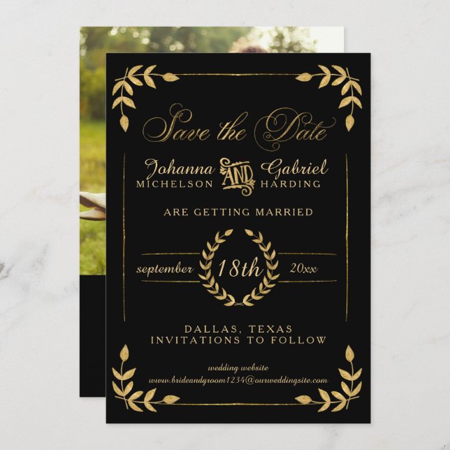 Leaf Greenery Gold Black Save the Date Foto (Vorne/Hinten)