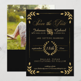 Leaf Greenery Gold Black Save the Date Foto