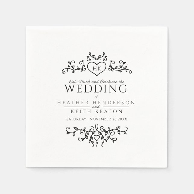 Leaf Herz Art monogramm Schwarz-Weiß Hochzeit Serviette (Vorderseite)