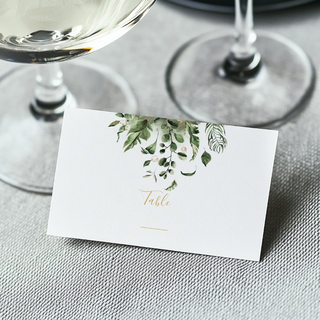 Leaf Hochzeitsempfang Tischnummer Platzkarte (Green leafy top frame on a white and gold guest wedding name place card)