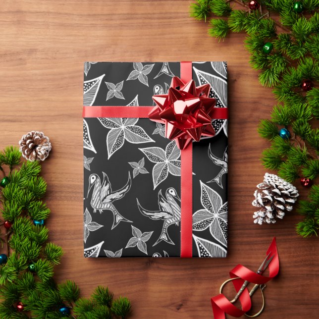 Leaf & Hummingbird Wrapping Paper (Schwarz) Geschenkpapier (Feiertagsgeschenk)