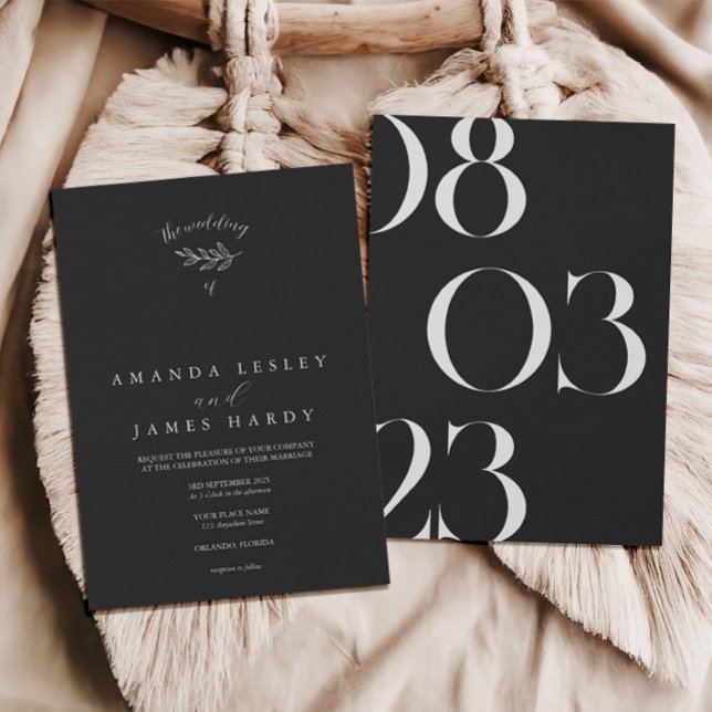 Leaf Minimalistisch Elegante Schwarz & Weiß Hochze Einladung (Von Creator hochgeladen)