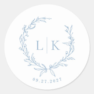 Leaf Monogram Dusty Blue Wedding Runder Aufkleber
