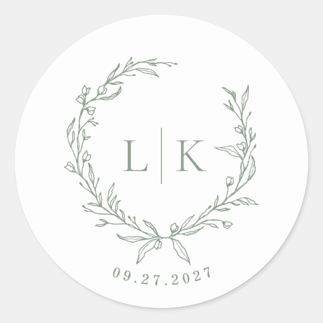 Leaf Monogram Sage Green Wedding Runder Aufkleber (Vorderseite)