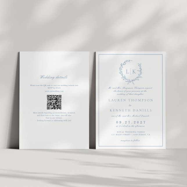 Leaf Monogram Wappen Dusty Blue QR Code Wedding Einladung (Von Creator hochgeladen)