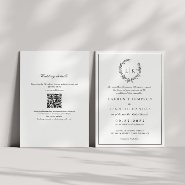 Leaf Monogram Wappen Schwarz-weiß QR Code Wedding Einladung (Von Creator hochgeladen)