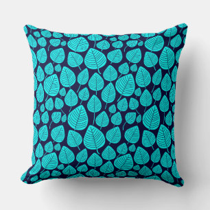 Leaf Muster 02 - Cyan on Dark Navy Kissen