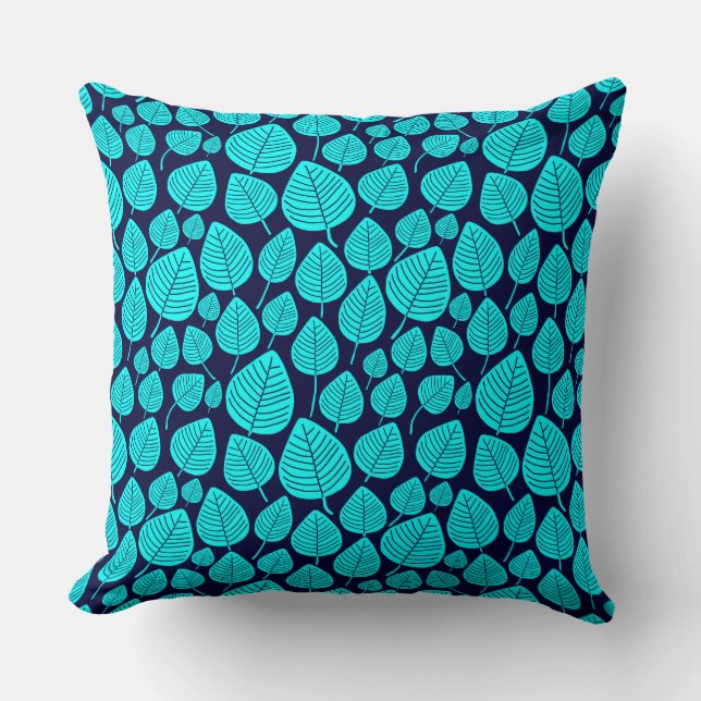 Leaf Muster 02 - Cyan on Dark Navy Kissen (Vorderseite)