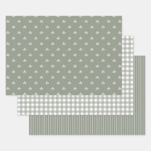 Leaf Muster Gingham und Streifen Dusky Green   Geschenkpapier Set