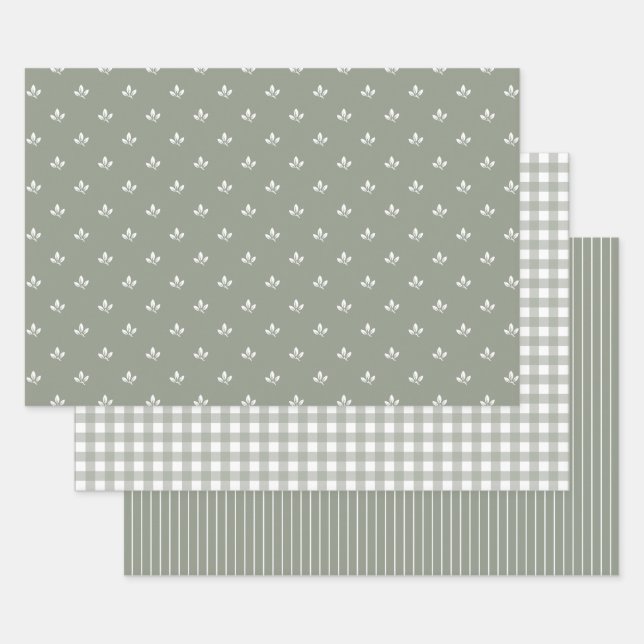 Leaf Muster Gingham und Streifen Dusky Green | Geschenkpapier Set (Set)