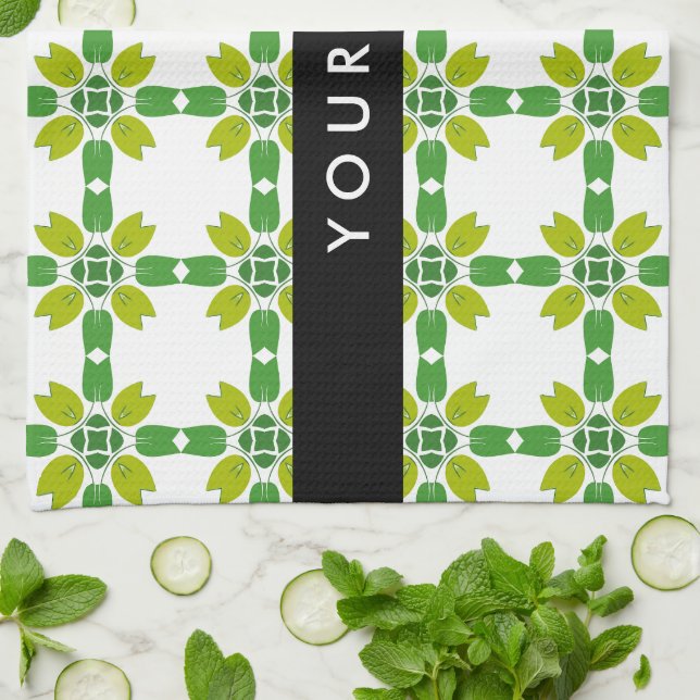 Leaf-Muster, grüne Blätter, Ihr Name Geschirrtuch (Gefaltet)