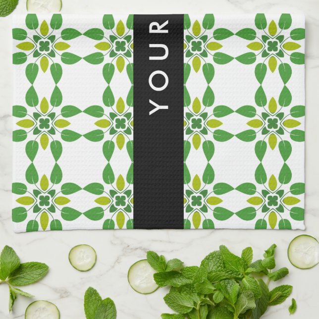 Leaf-Muster, grüne Blätter, Ihr Name Geschirrtuch (Gefaltet)