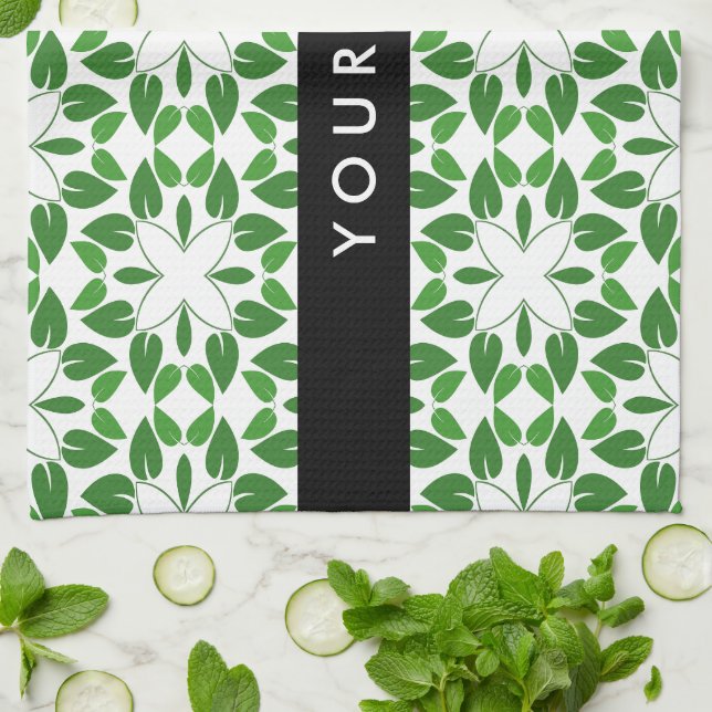 Leaf-Muster, grüne Blätter, Ihr Name Geschirrtuch (Gefaltet)