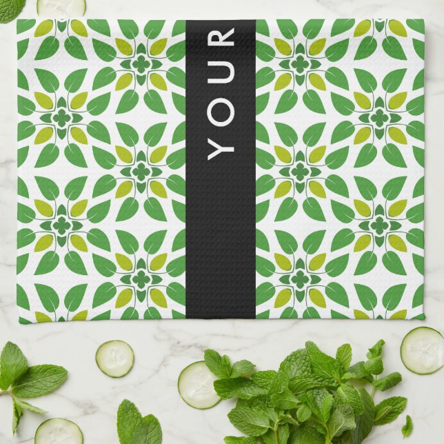 Leaf-Muster, grüne Blätter, Ihr Name Geschirrtuch (Gefaltet)