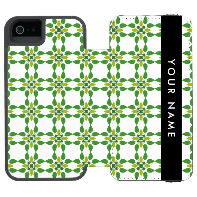 Leaf-Muster, grüne Blätter, Ihr Name Incipio iPhone Geldbeutel-Hülle (Folio Geöffnet)