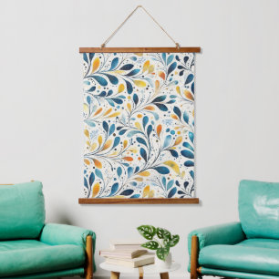 Leaf-Muster in Blau und Gold Paisley (2) Wandteppich Mit Holzrahmen