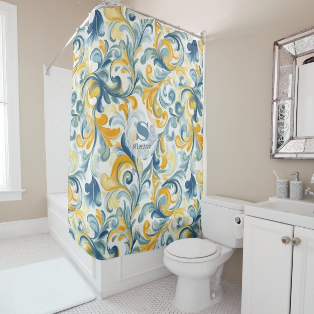 Leaf-Muster in Blau und Gold Paisley Duschvorhang (Beispiel)