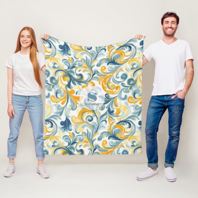 Leaf-Muster in Blau und Gold Paisley Fleecedecke (Beispiel)