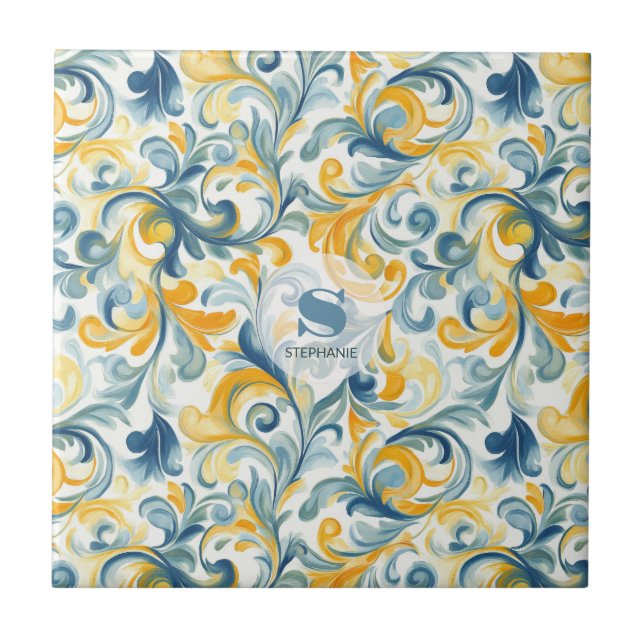 Leaf-Muster in Blau und Gold Paisley Fliese (Vorderseite)