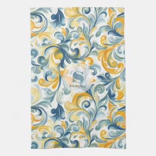 Leaf-Muster in Blau und Gold Paisley Geschirrtuch