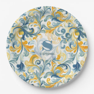 Leaf-Muster in Blau und Gold Paisley Pappteller
