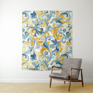 Leaf-Muster in Blau und Gold Paisley Wandteppich