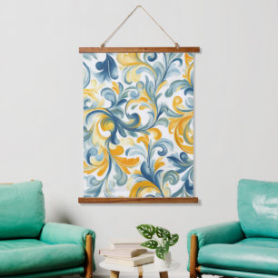 Leaf-Muster in Blau und Gold Paisley Wandteppich Mit Holzrahmen